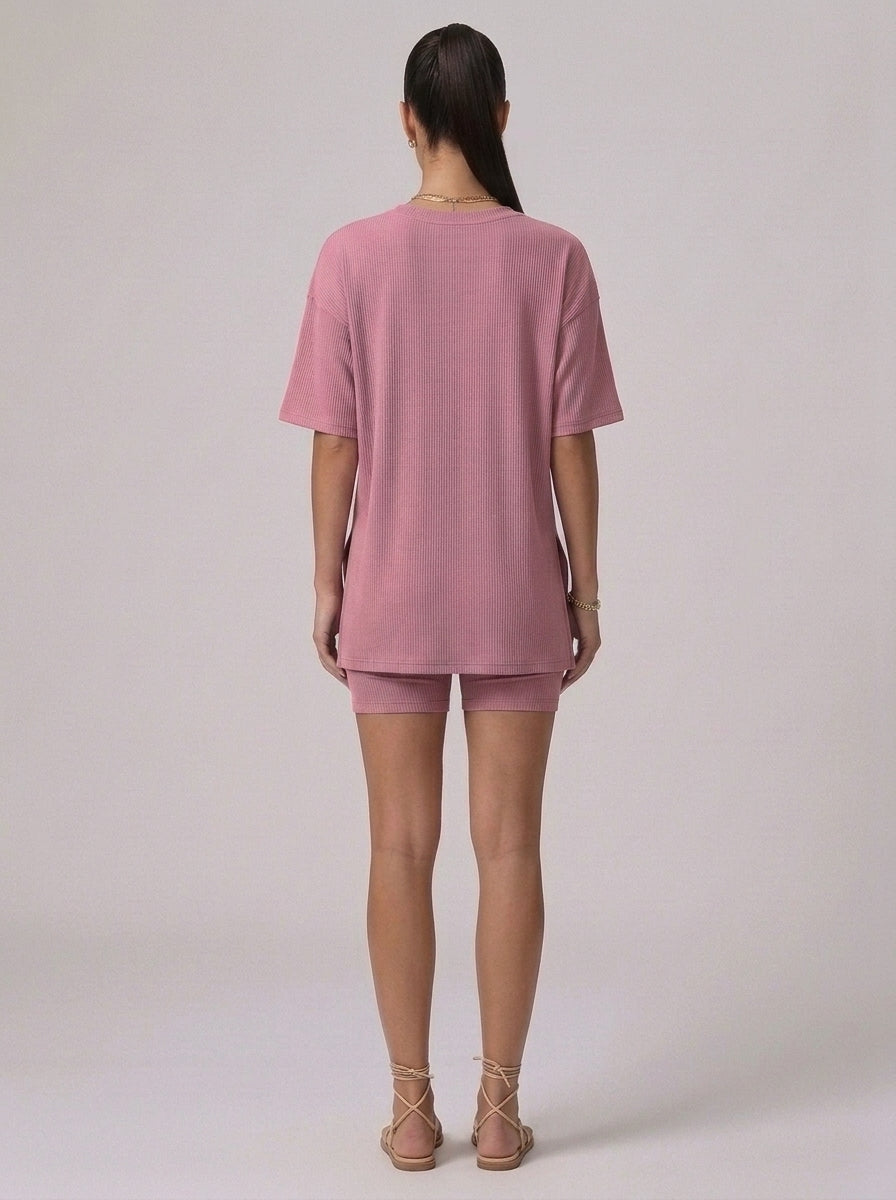 Nova Oversized Crewneck & Biker Shorts Set in Pink - Back View | AMARI Sydney