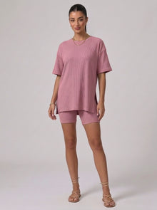 Nova Oversized Crewneck & Biker Shorts Set in Pink - Front View | AMARI Sydney