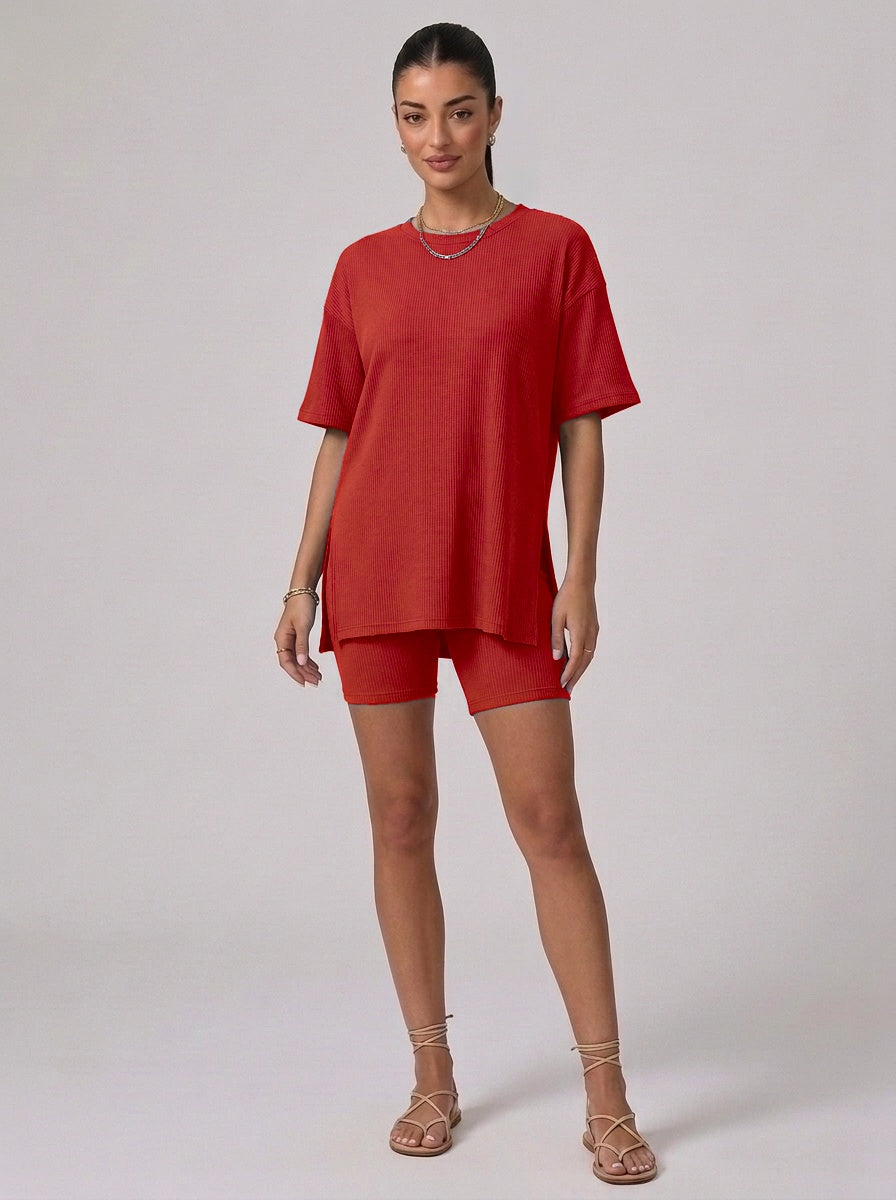 Nova Oversized Crewneck & Biker Shorts Set in Red - Front View | AMARI Sydney