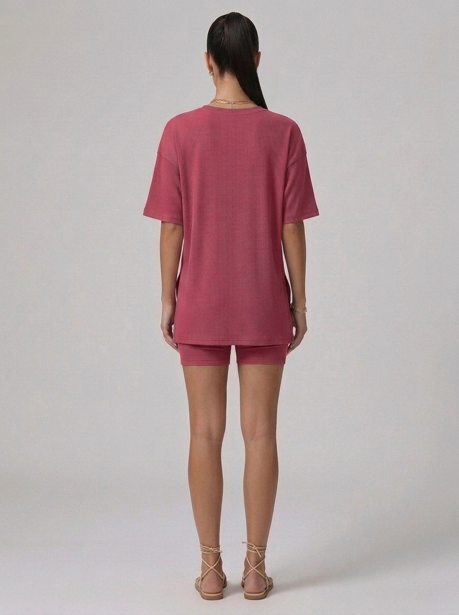 Nova Oversized Crewneck & Biker Shorts Set in Rose Red - Back View | AMARI Sydney