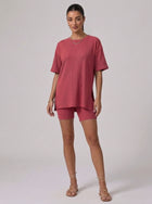 Nova Oversized Crewneck & Biker Shorts Set in Rose Red - Front View | AMARI Sydney