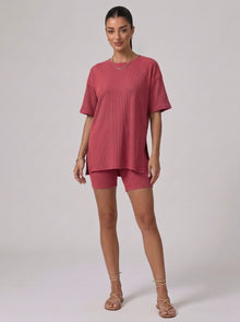 Nova Oversized Crewneck & Biker Shorts Set in Rose Red - Front View | AMARI Sydney