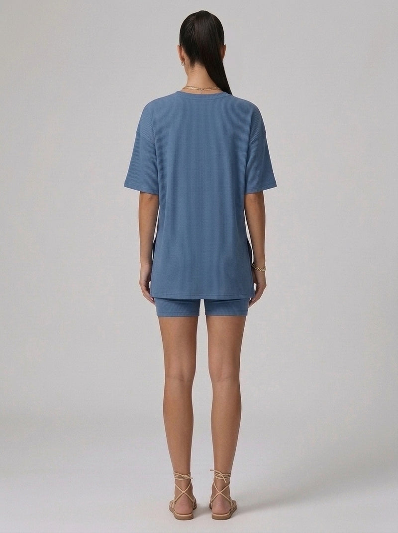 Nova Oversized Crewneck & Biker Shorts Set in Steel Blue - Back View | AMARI Sydney