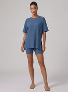 Nova Oversized Crewneck & Biker Shorts Set in Steel Blue - Front View | AMARI Sydney