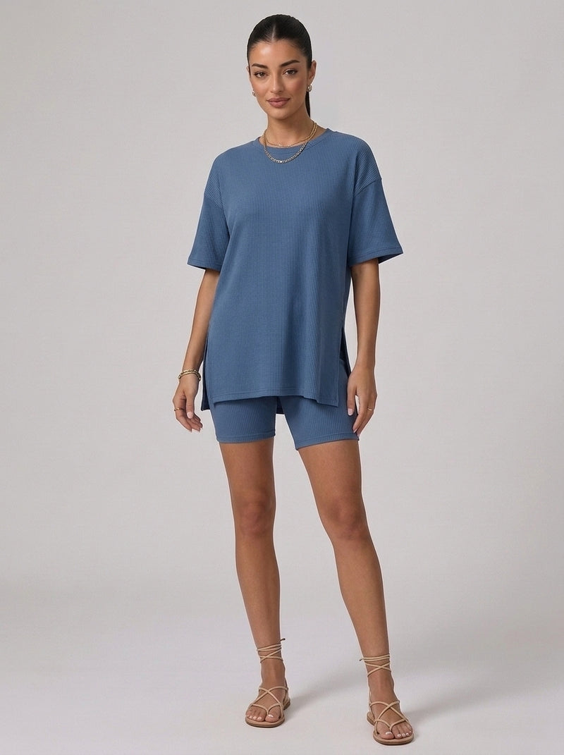 Nova Oversized Crewneck & Biker Shorts Set in Steel Blue - Front View | AMARI Sydney