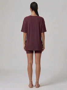 Nova Oversized Crewneck & Biker Shorts Set in Wine Red - Back View | AMARI Sydney