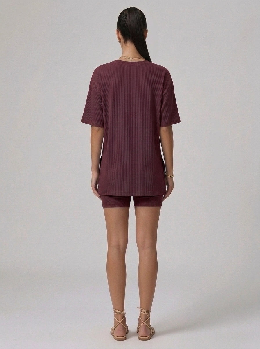 Nova Oversized Crewneck & Biker Shorts Set in Wine Red - Back View | AMARI Sydney
