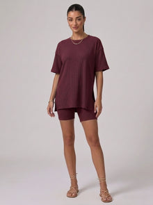 Nova Oversized Crewneck & Biker Shorts Set in Wine Red - Front View | AMARI Sydney