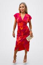 Pink And Orange Smudge Print Flutter Sleeve Wrap Midi Dress | Amari Sydney