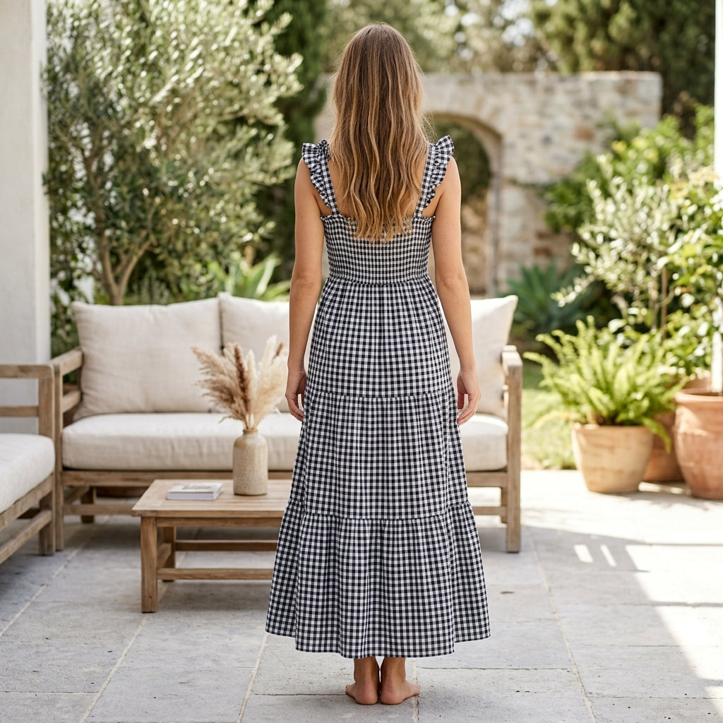 Bohemian Gingham Smocked Maxi Dress - Black Back