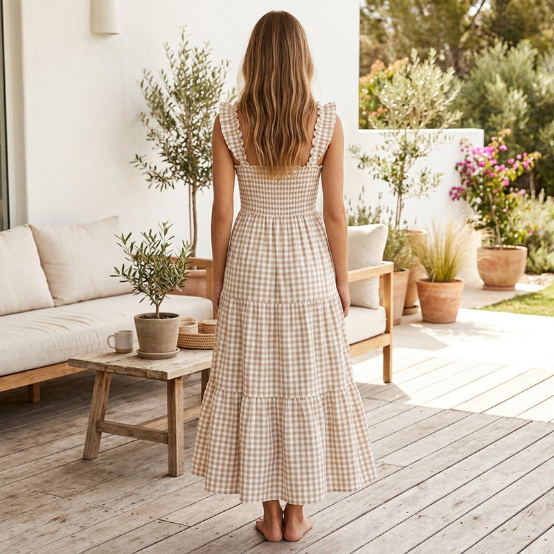Bohemian Gingham Smocked Maxi Dress - Beige Back
