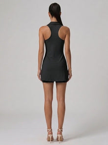 Serena Half-Zip Polo Athletic Tennis Mini Dress in Classic Black - Back View | AMARI Sydney