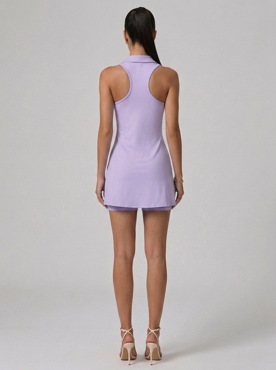 Serena Half-Zip Polo Athletic Tennis Mini Dress in Lilac Purple - Back View | AMARI Sydney