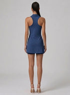 Serena Half-Zip Polo Athletic Tennis Mini Dress in Navy Blue - Back View | AMARI Sydney