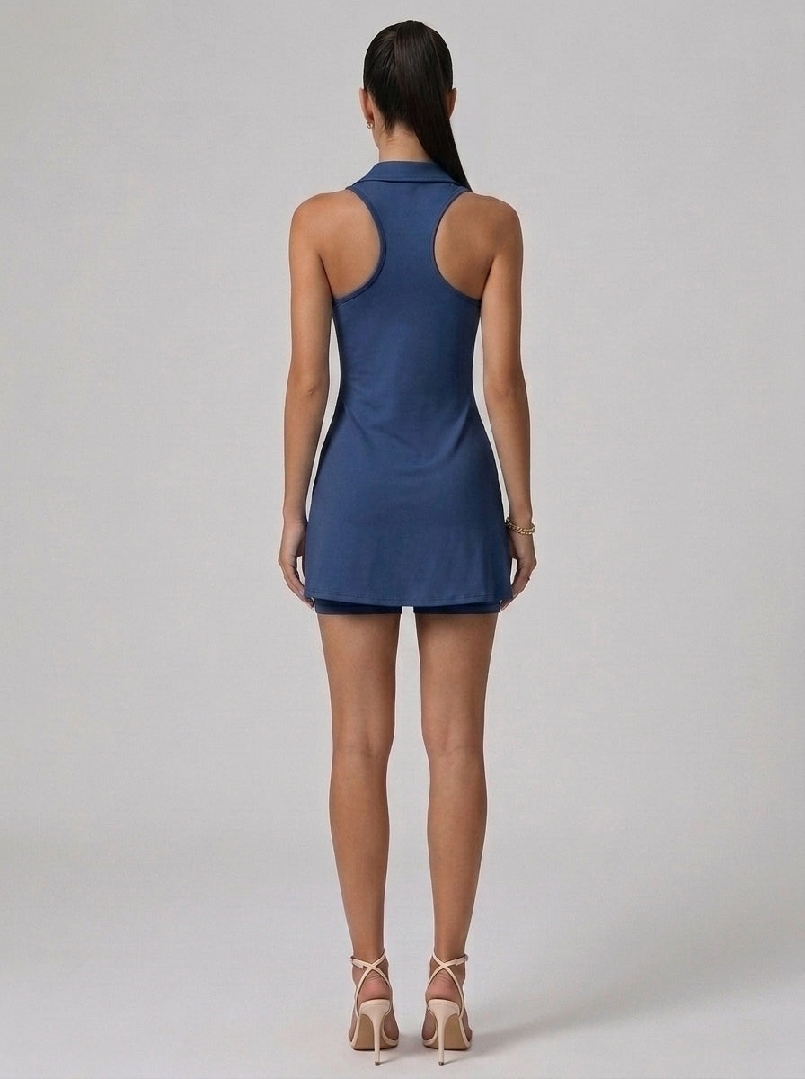 Serena Half-Zip Polo Athletic Tennis Mini Dress in Navy Blue - Back View | AMARI Sydney