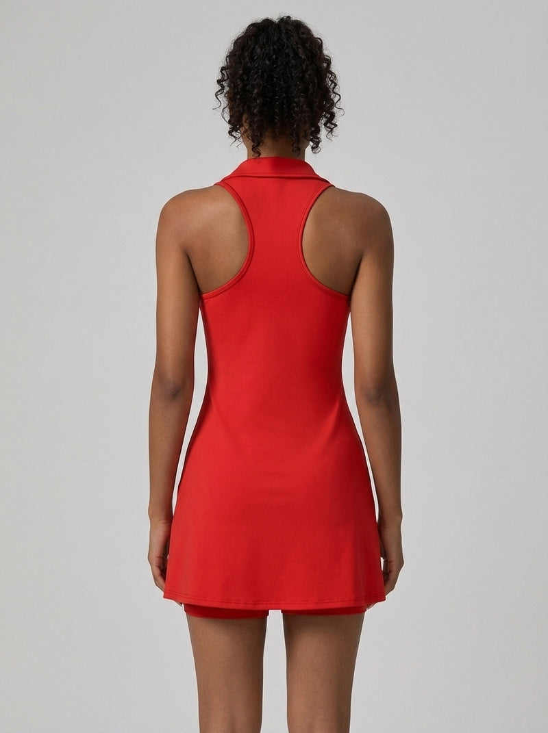 Serena Half-Zip Polo Athletic Tennis Mini Dress in Scarlet Red - Back View | AMARI Sydney