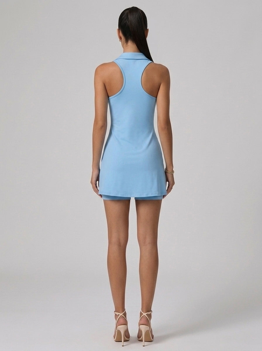 Serena Half-Zip Polo Athletic Tennis Mini Dress in Sky Blue - Back View | AMARI Sydney