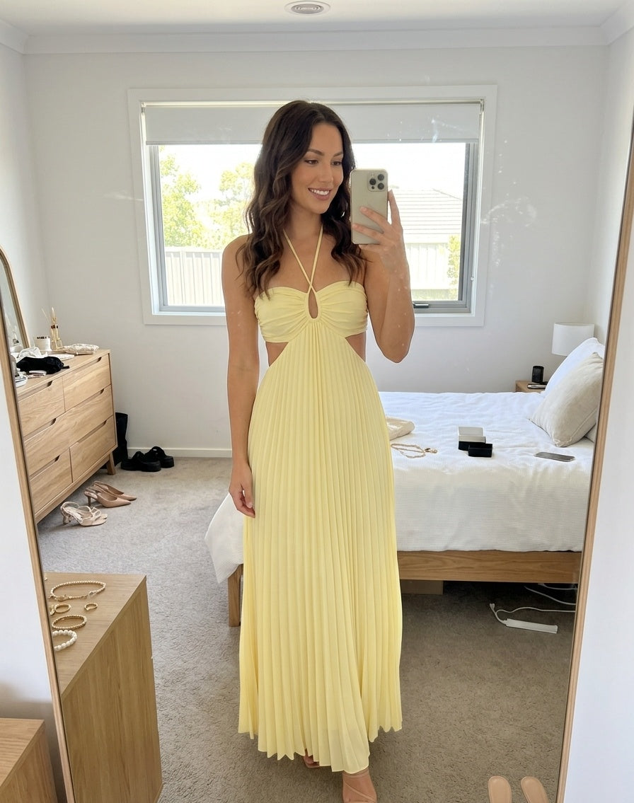 The Sienna Pleated Maxi Dress Customer Mirror Selfie Review Amari Sydney