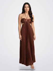 The Sienna Pleated Maxi Dress in Cocoa Satin - Front View | Amari Sydney