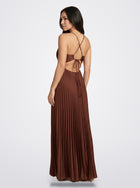 The Sienna Pleated Maxi Dress in Cocoa Satin - Side View | Amari Sydney