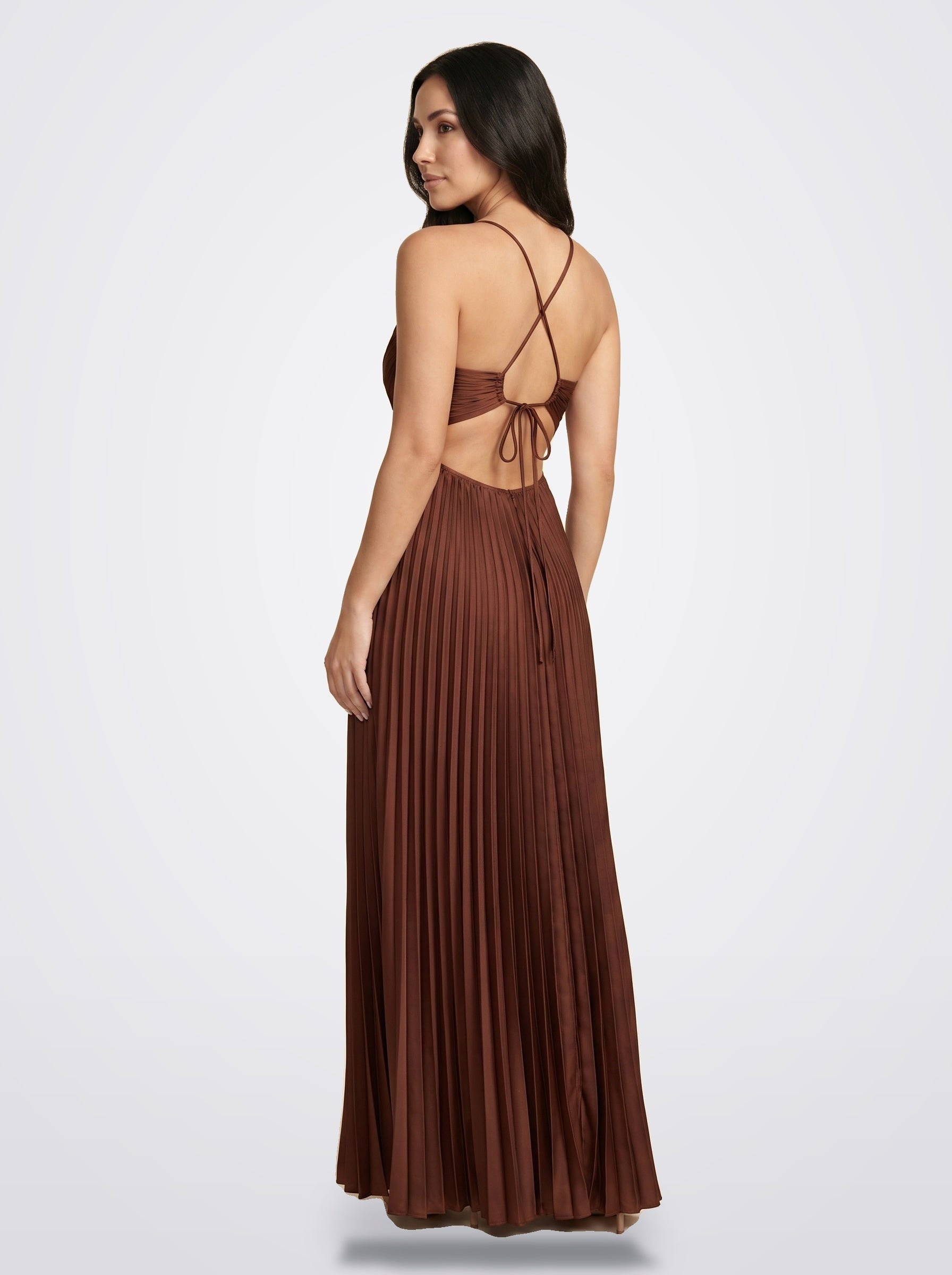 The Sienna Pleated Maxi Dress in Cocoa Satin - Side View | Amari Sydney
