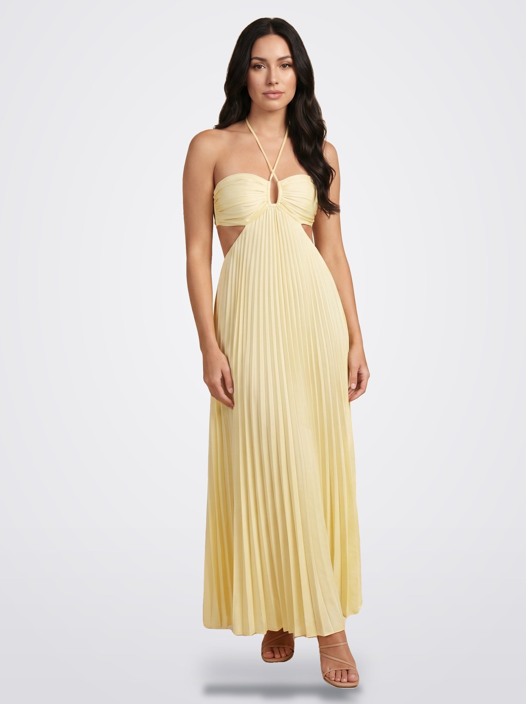 The Sienna Pleated Maxi Dress in Golden Ivory - Front View | Amari Sydney