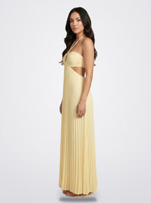 The Sienna Pleated Maxi Dress in Golden Ivory - Side Profile | Amari Sydney