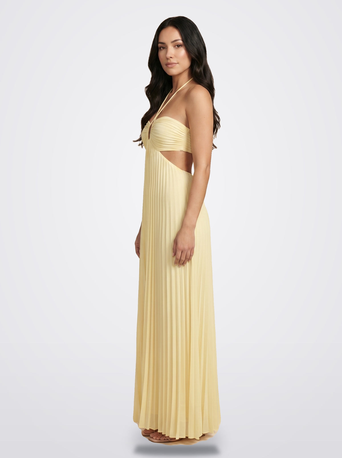 The Sienna Pleated Maxi Dress in Golden Ivory - Side Profile | Amari Sydney