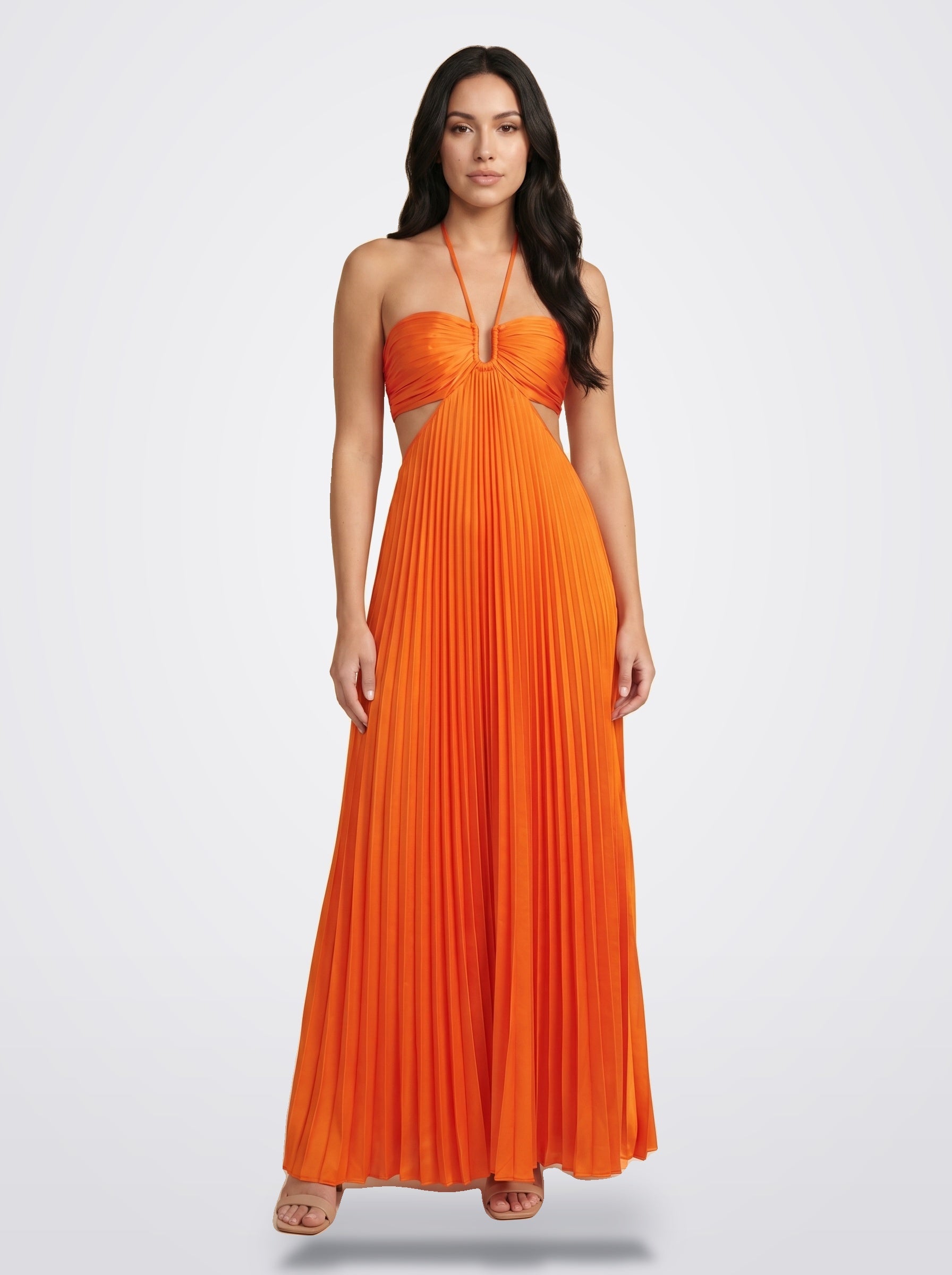 The Sienna Pleated Maxi Dress in Sunset Ember - Front View | Amari Sydney